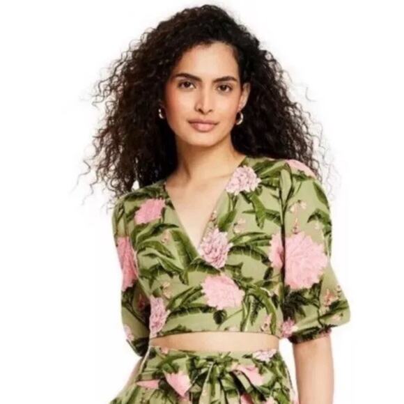 NWT Agua Bendita x Target Peony Floral Wrap Top Linen Blend Green Pink Size M!! - Picture 1 of 8